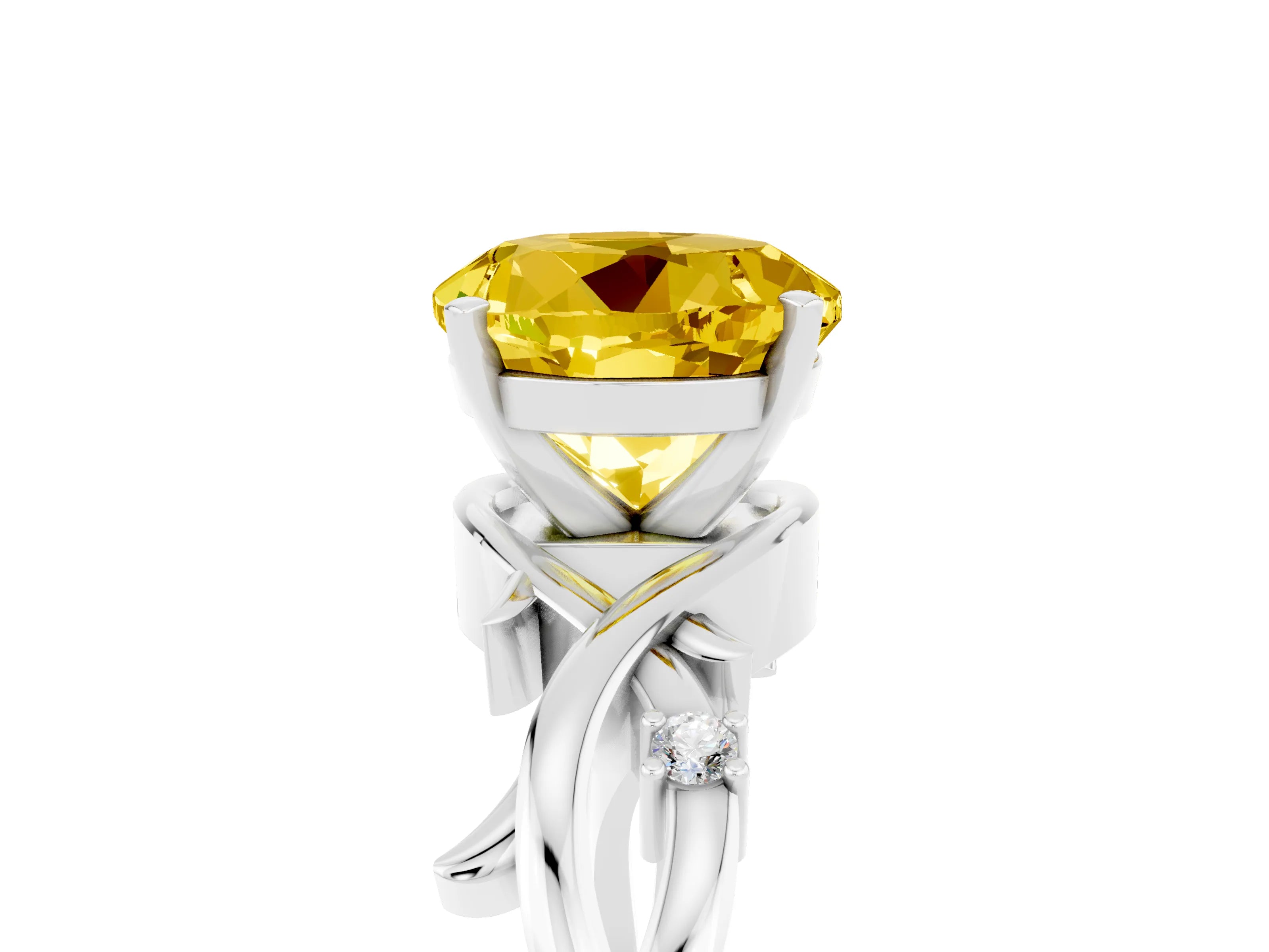 White gold Round Cut Yellow Sapphire Solitaire Ring with Twisted Band and Prong Setting_17