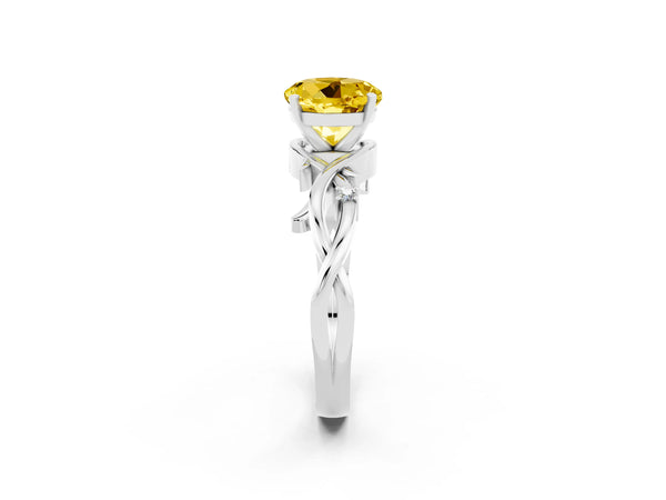 Platinum Round Cut Yellow Sapphire Solitaire Ring with Twisted Band and Prong Setting
