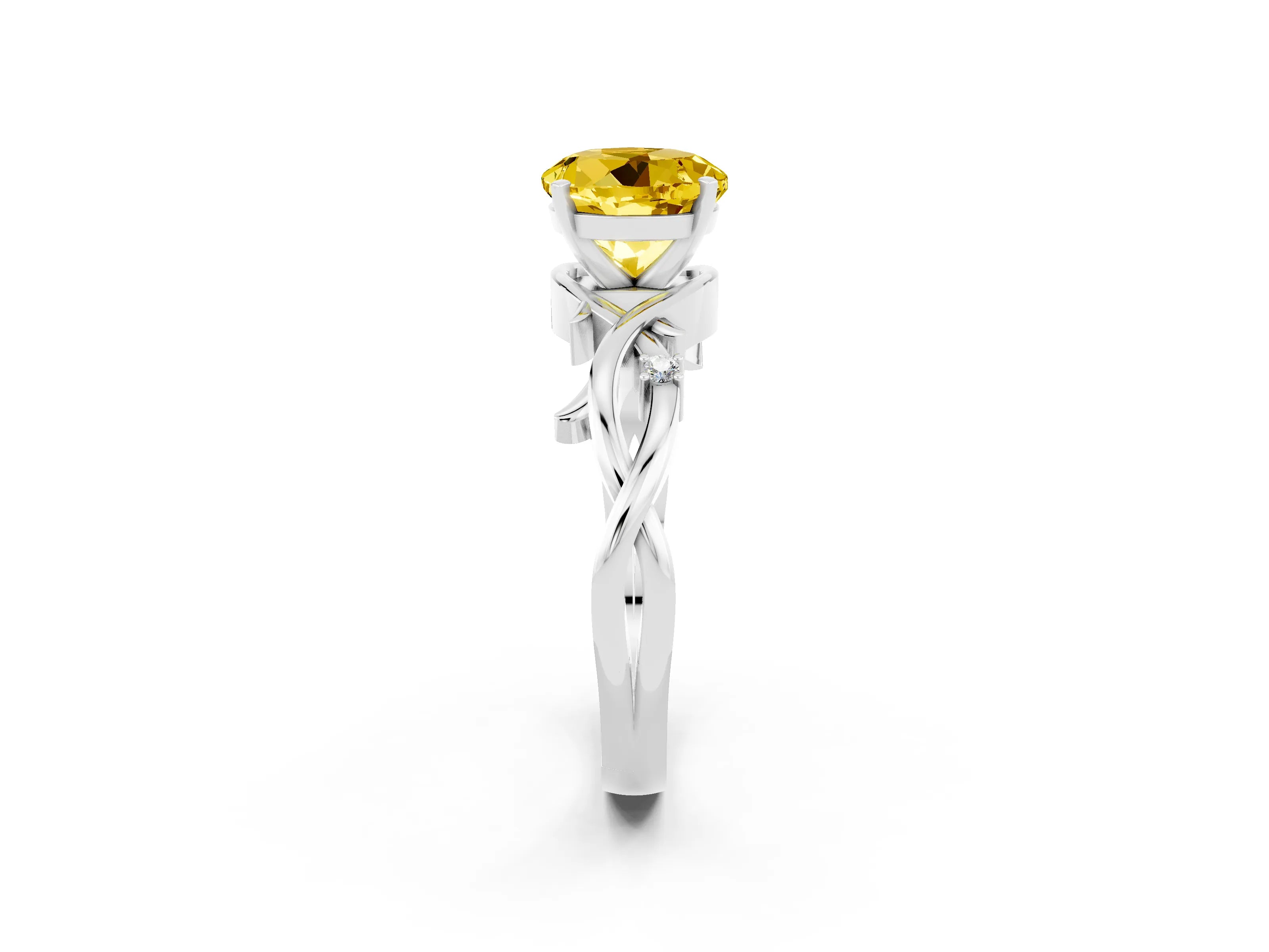 White gold Round Cut Yellow Sapphire Solitaire Ring with Twisted Band and Prong Setting_2
