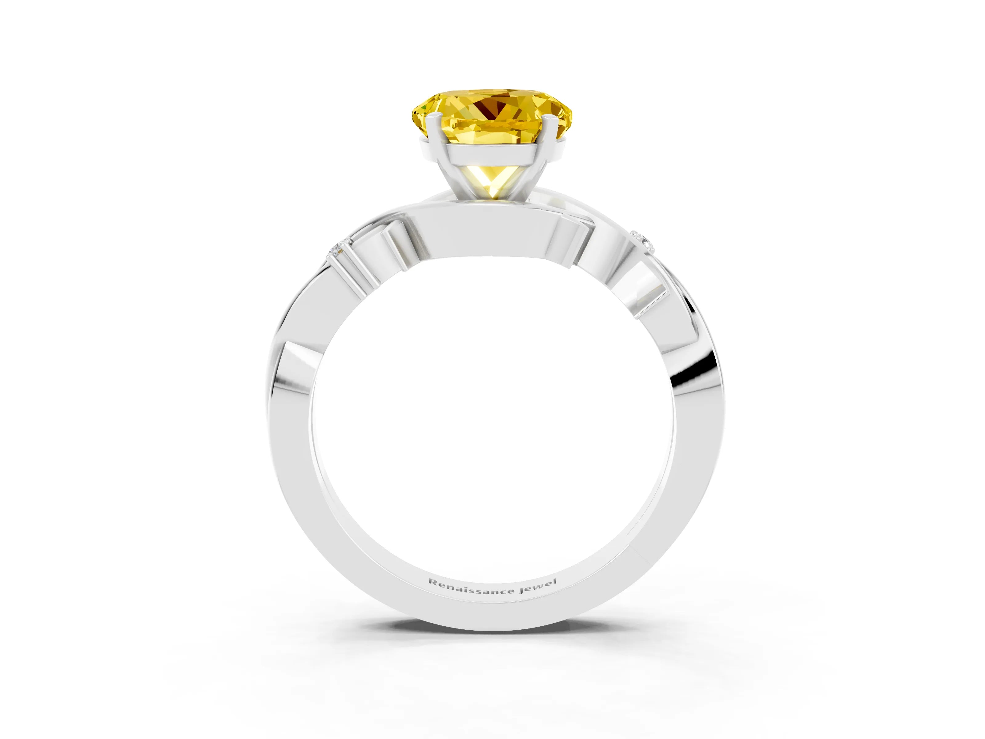 White gold Round Cut Yellow Sapphire Solitaire Ring with Twisted Band and Prong Setting_3