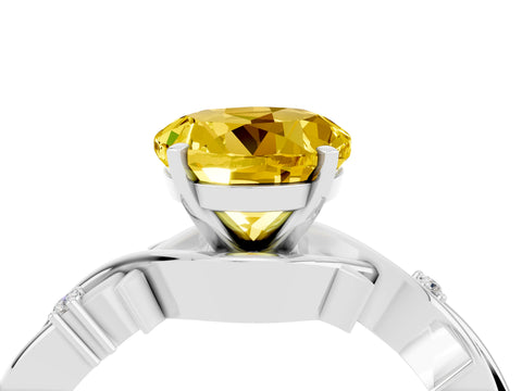 White gold Round Cut Yellow Sapphire Solitaire Ring with Twisted Band and Prong Setting_4