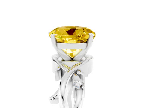 White gold Round Cut Yellow Sapphire Solitaire Ring with Twisted Band and Prong Setting_5