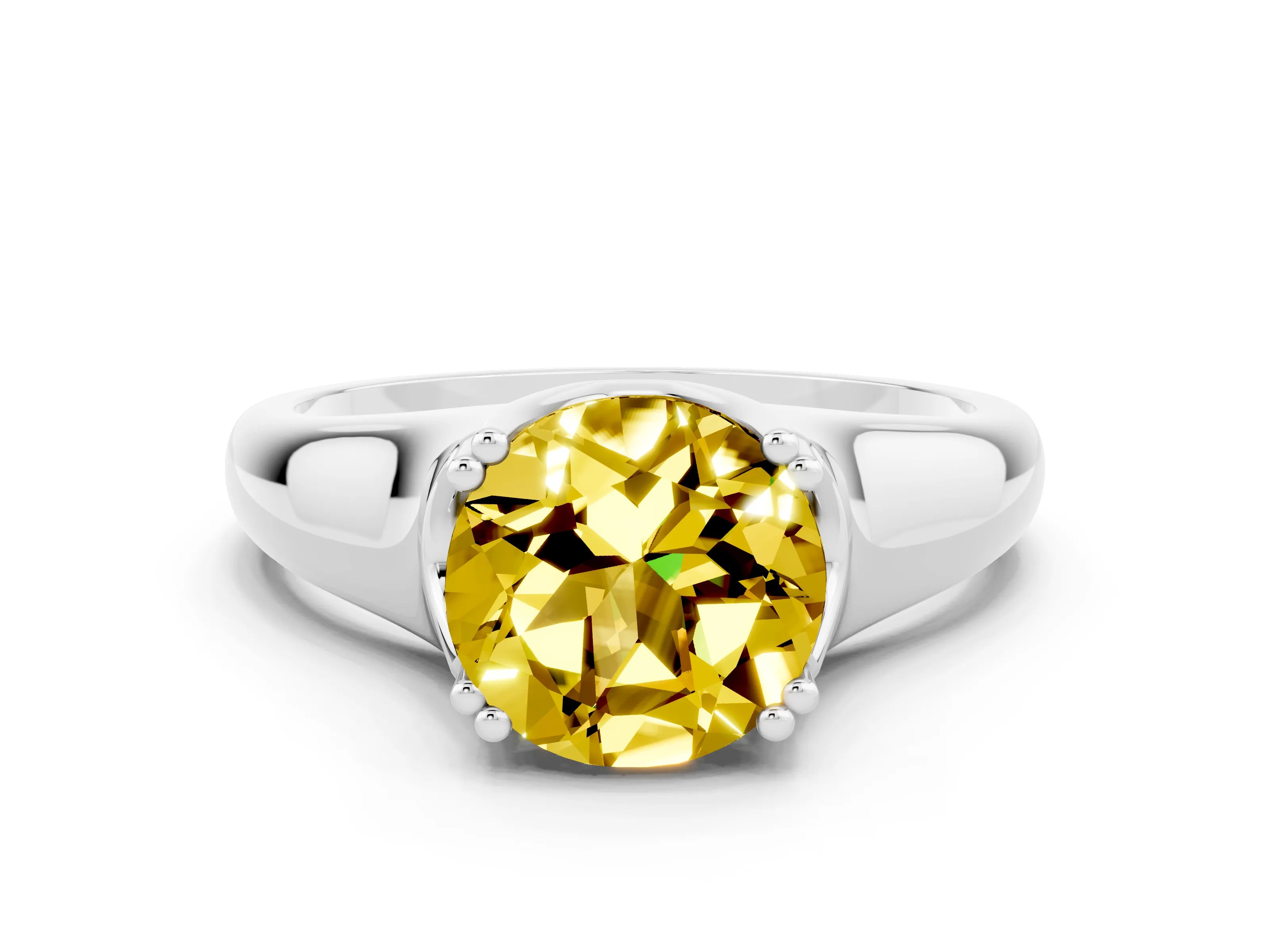 White gold Round Cut Yellow Sapphire Solitaire Ring with Wide Band and Prong Setting_24