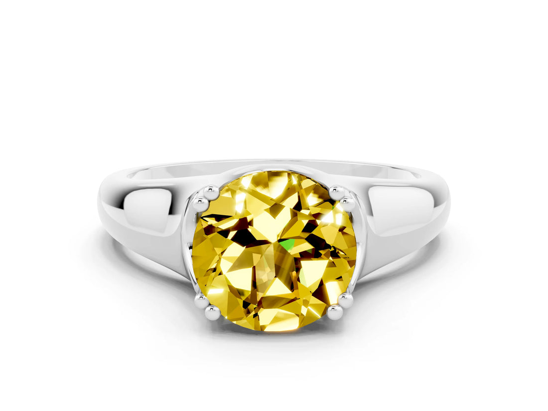 White gold Round Cut Yellow Sapphire Solitaire Ring with Wide Band and Prong Setting_24