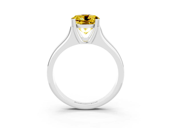 Silver Round Cut Yellow Sapphire Solitaire Ring with Wide Band and Prong Setting