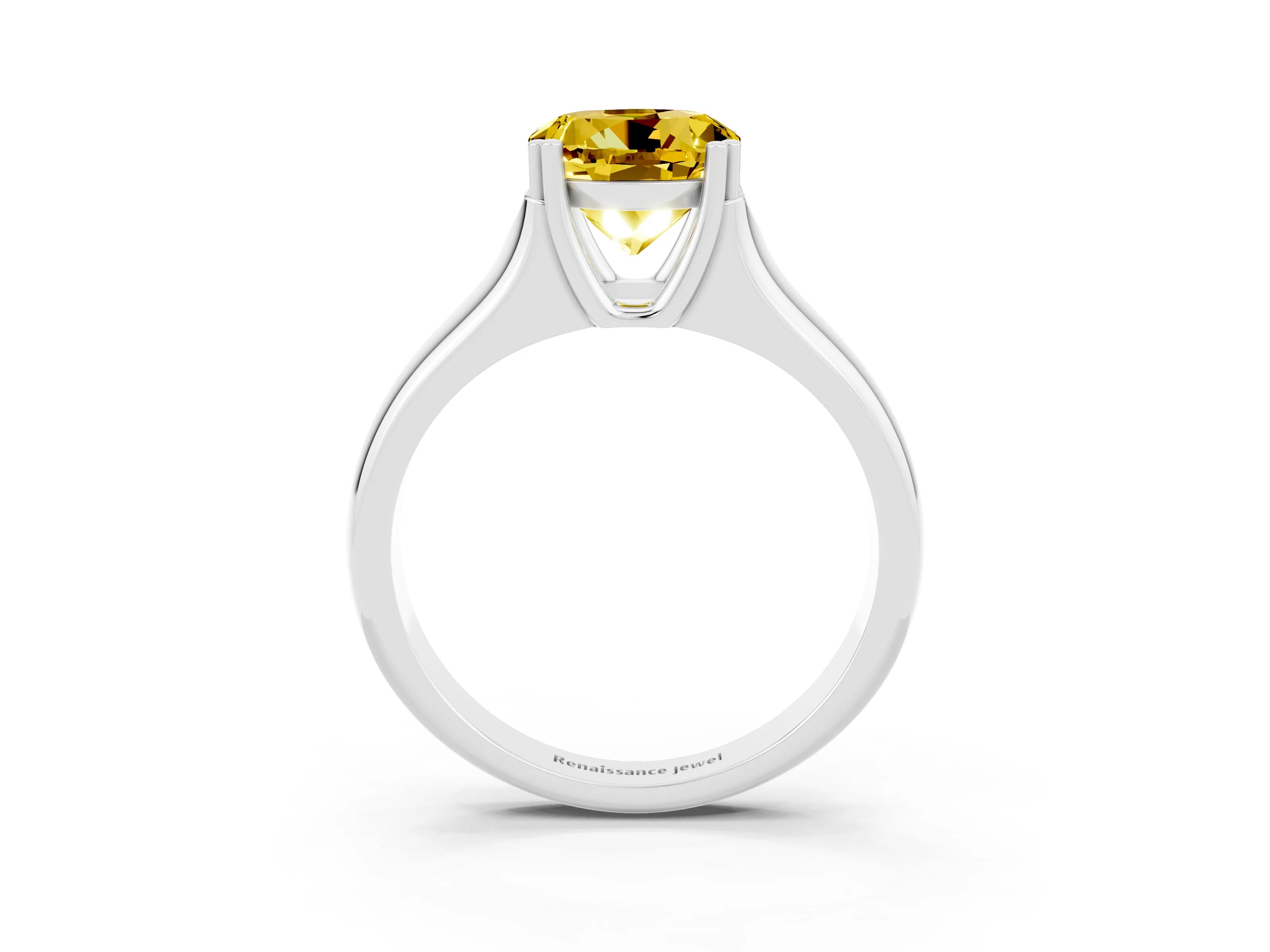 White gold Round Cut Yellow Sapphire Solitaire Ring with Wide Band and Prong Setting_27