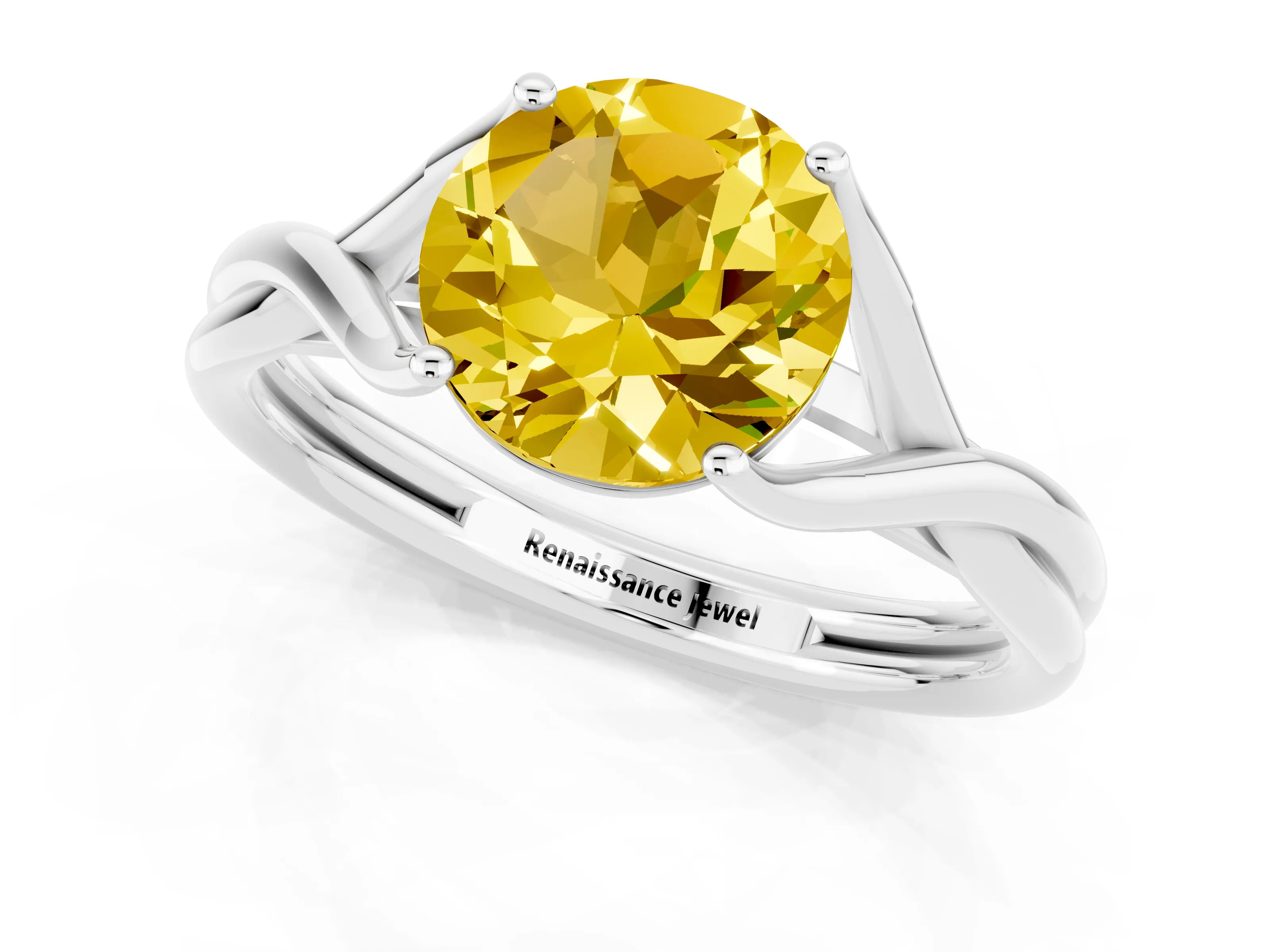 White gold Round Cut Yellow Sapphire Solitaire Twist Band Prong Setting Ring_85