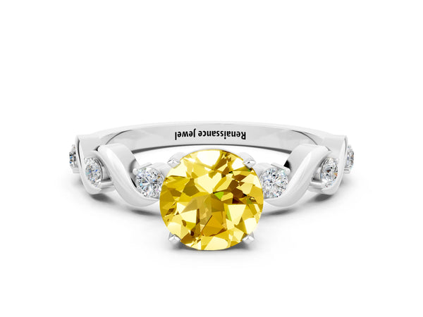 Platinum Round Cut Yellow Sapphire Solitaire Twisted Band with Round  Accents and Prong Setting