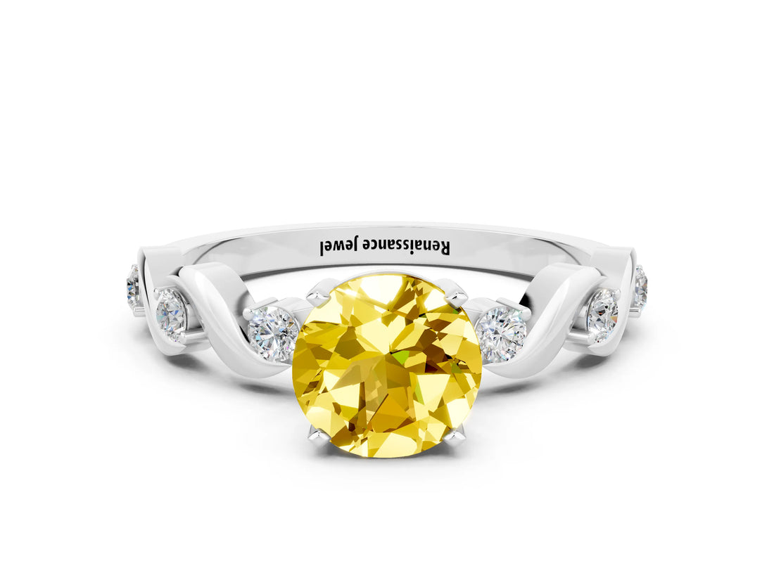 White gold Round Cut Yellow Sapphire Solitaire Twisted Band with Round  Accents and Prong Setting_12