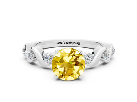 White gold Round Cut Yellow Sapphire Solitaire Twisted Band with Round  Accents and Prong Setting_12