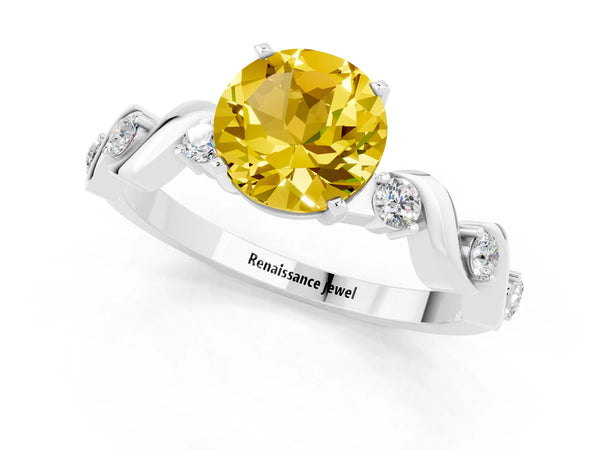 Platinum Round Cut Yellow Sapphire Solitaire Twisted Band with Round  Accents and Prong Setting