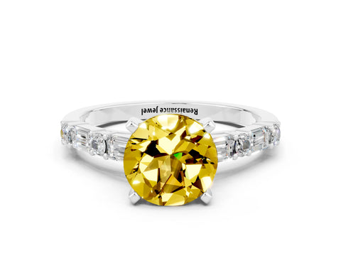 White gold Round Cut Yellow Sapphire Solitaire with Side Baguettes and Channel Set Band_24