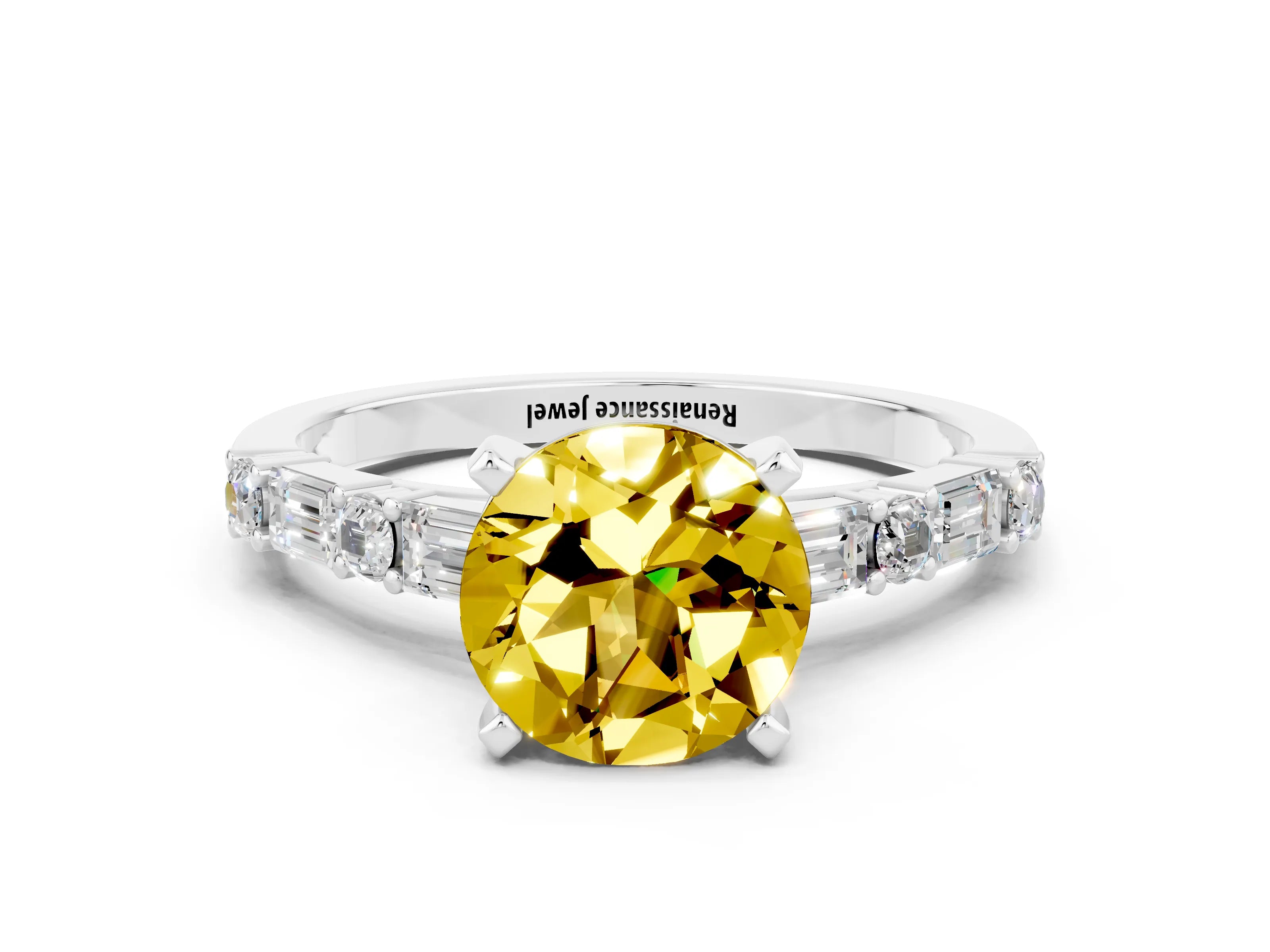 White gold Round Cut Yellow Sapphire Solitaire with Side Baguettes and Channel Set Band_24
