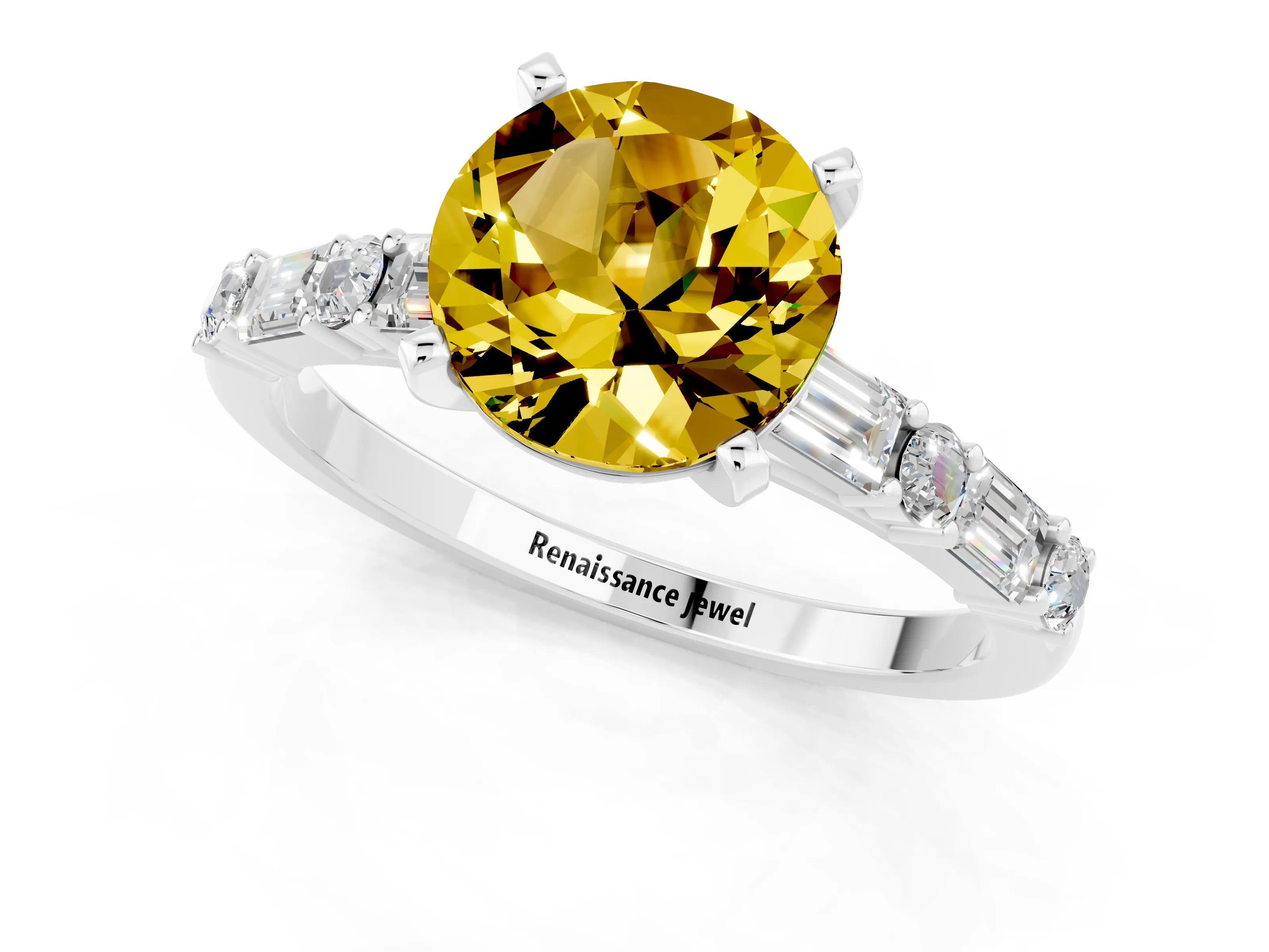 White gold Round Cut Yellow Sapphire Solitaire with Side Baguettes and Channel Set Band_25