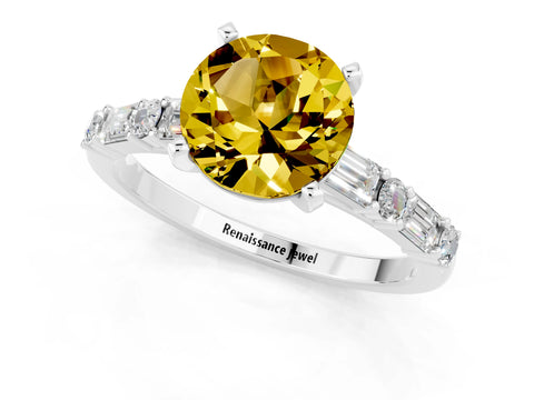 White gold Round Cut Yellow Sapphire Solitaire with Side Baguettes and Channel Set Band_25