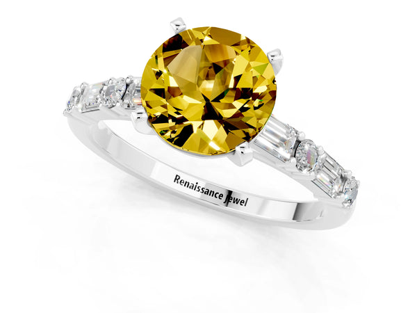 Silver Round Cut Yellow Sapphire Solitaire with Side Baguettes and Channel Set Band