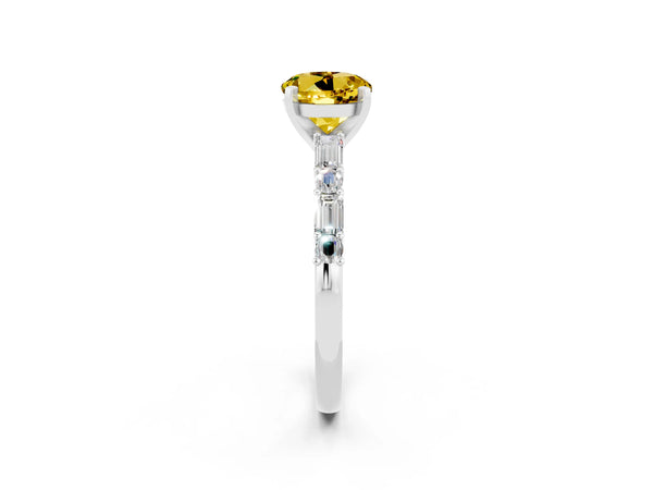 White gold Round Cut Yellow Sapphire Solitaire with Side Baguettes and Channel Set Band