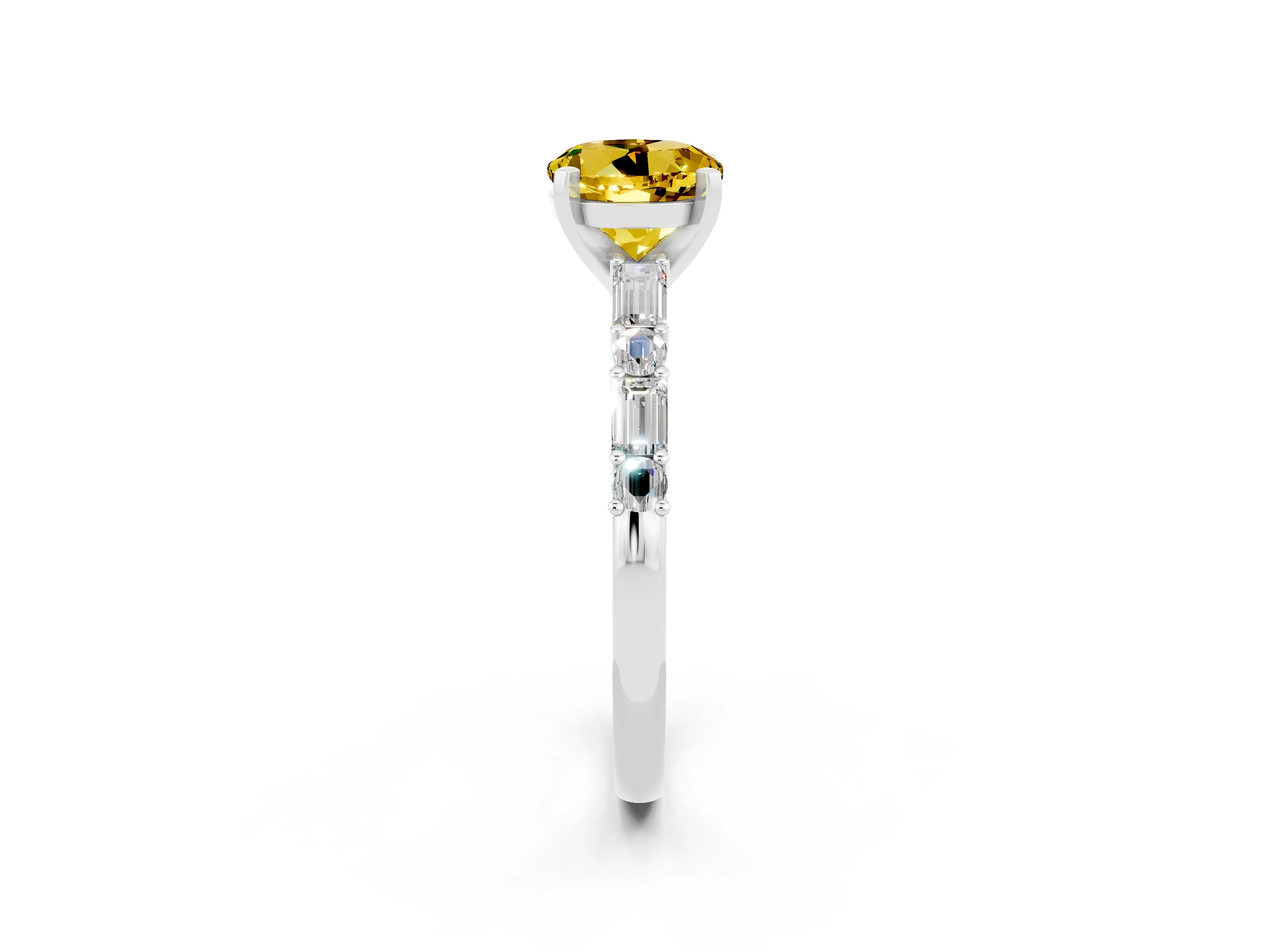 White gold Round Cut Yellow Sapphire Solitaire with Side Baguettes and Channel Set Band_26