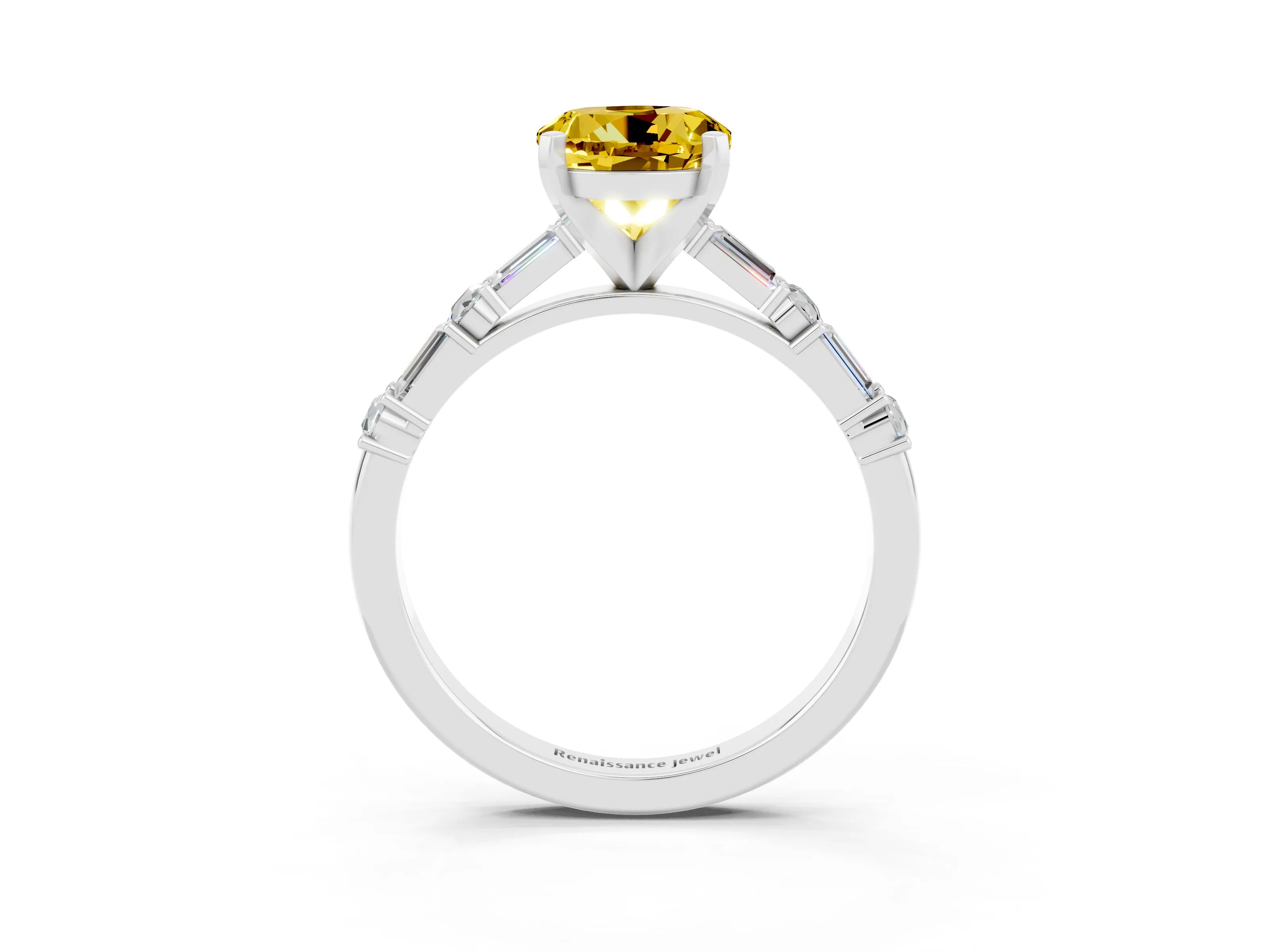 White gold Round Cut Yellow Sapphire Solitaire with Side Baguettes and Channel Set Band_27