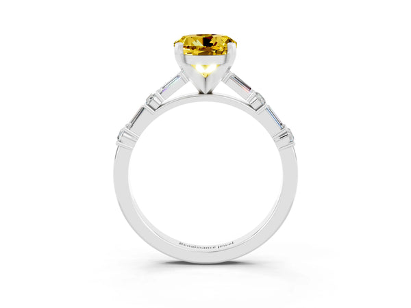 Silver Round Cut Yellow Sapphire Solitaire with Side Baguettes and Channel Set Band