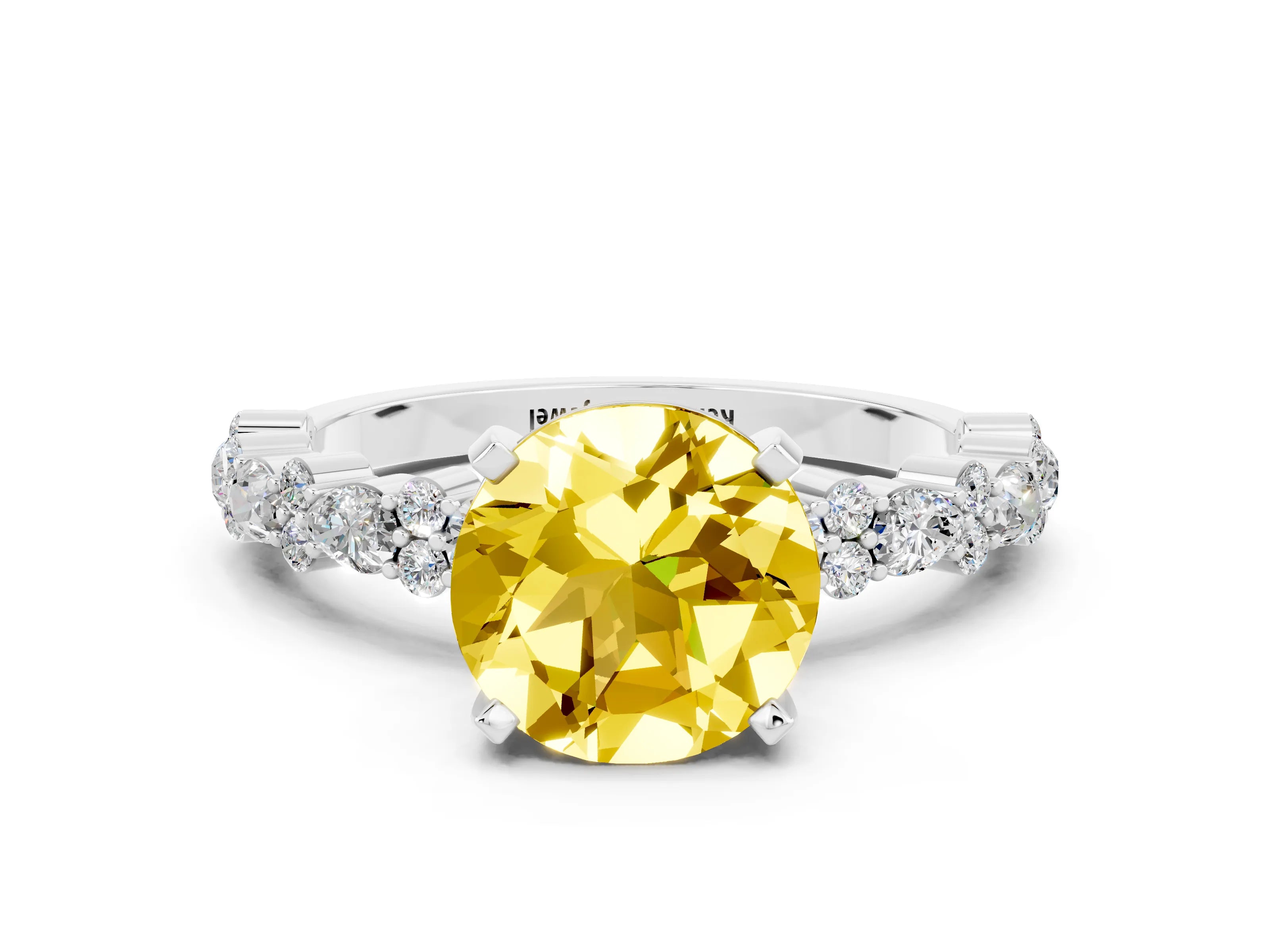 White gold Round Cut Yellow Sapphire Solitaire with Side Stones, Pave Band, Four-Prong Setting_24
