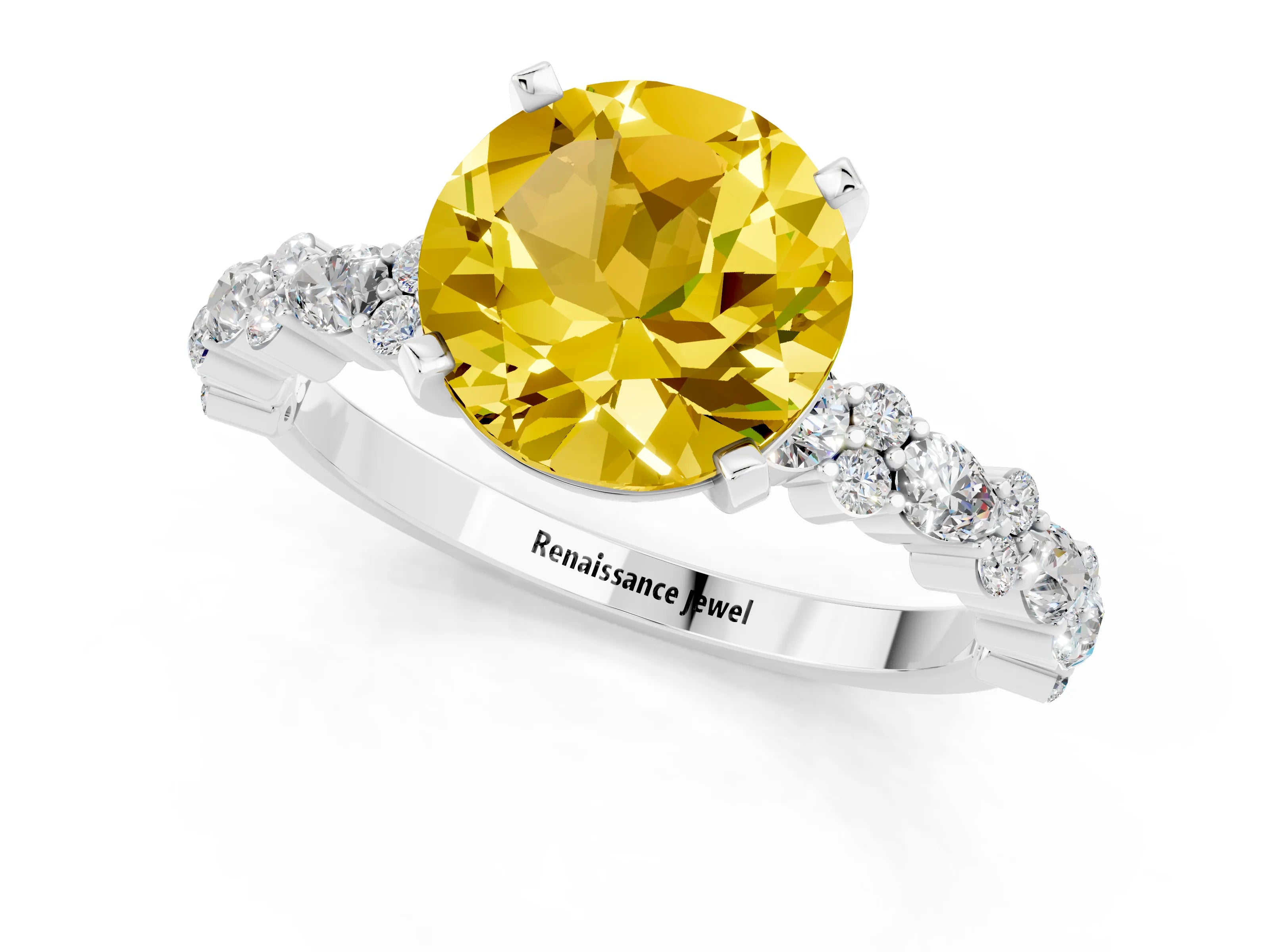 White gold Round Cut Yellow Sapphire Solitaire with Side Stones, Pave Band, Four-Prong Setting_25