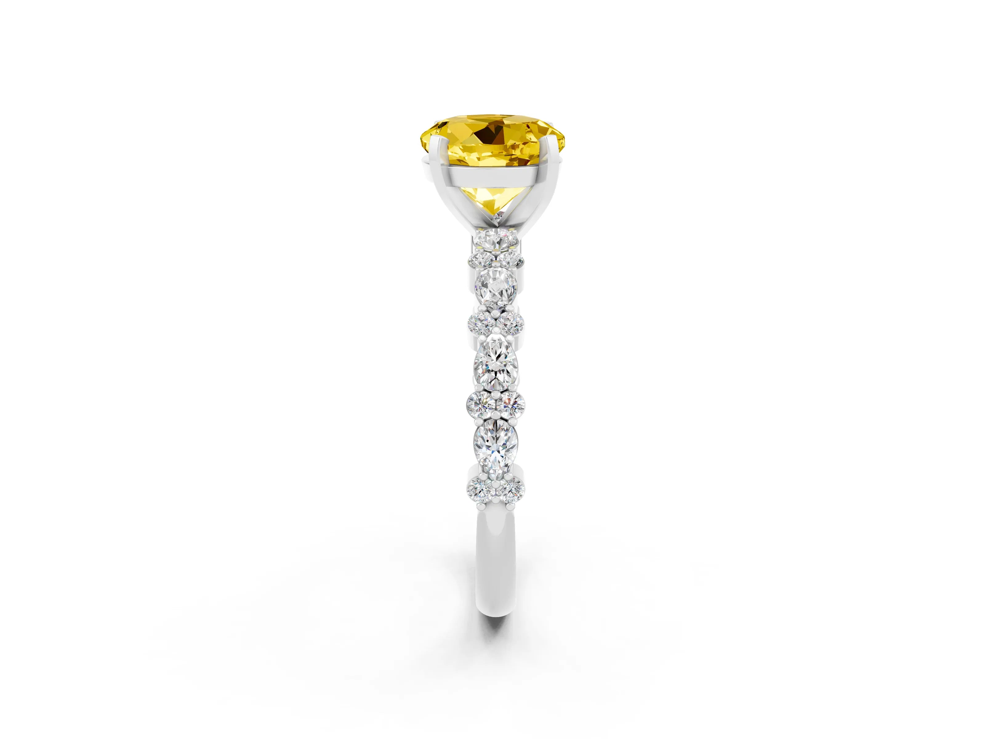 White gold Round Cut Yellow Sapphire Solitaire with Side Stones, Pave Band, Four-Prong Setting_26