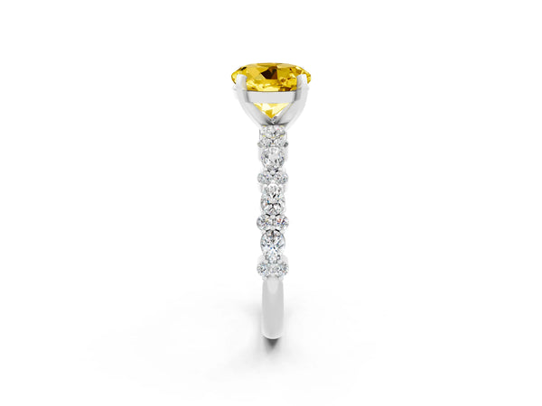 Platinum Round Cut Yellow Sapphire Side Stone Solitaire Ring with Round  and Four-Prong Setting
