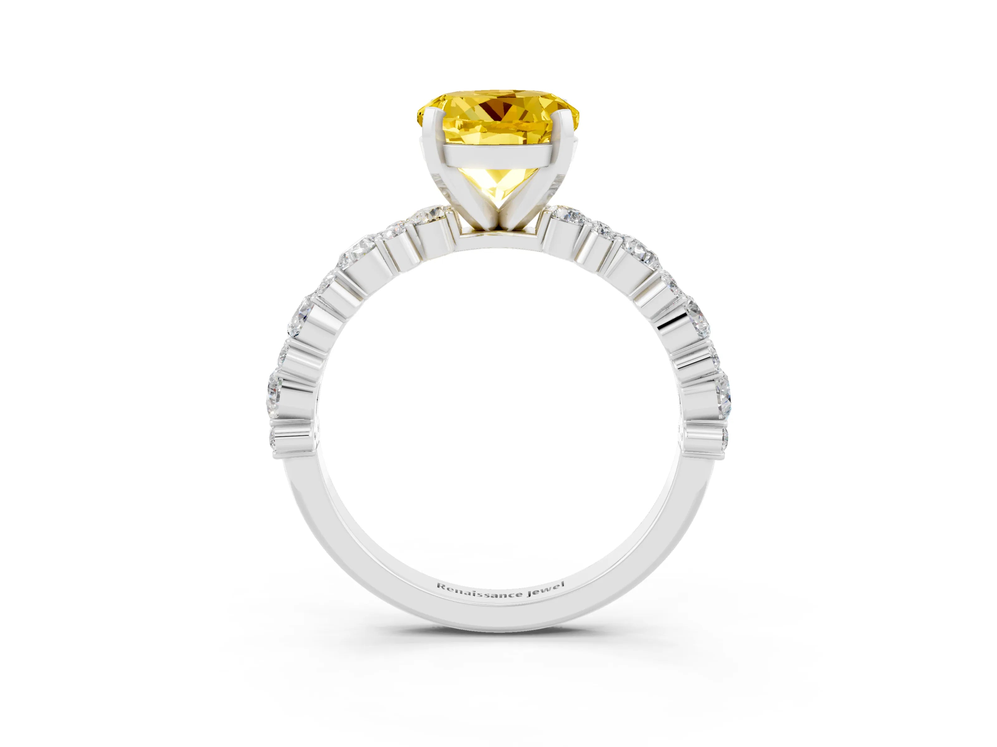 White gold Round Cut Yellow Sapphire Solitaire with Side Stones, Pave Band, Four-Prong Setting_27