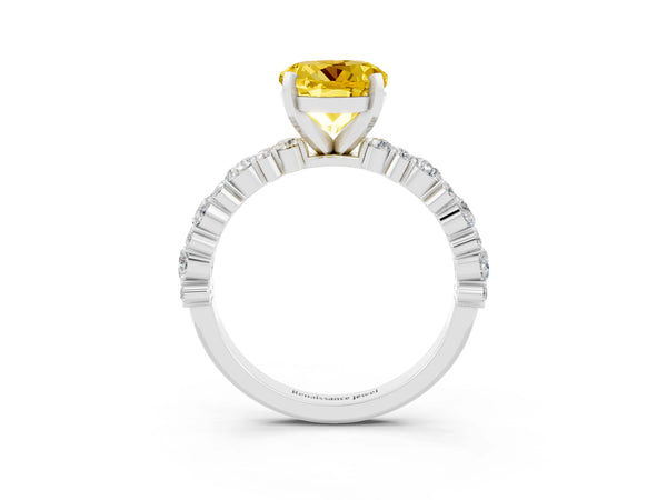 White gold Round Cut Yellow Sapphire Side Stone Solitaire Ring with Round  and Four-Prong Setting