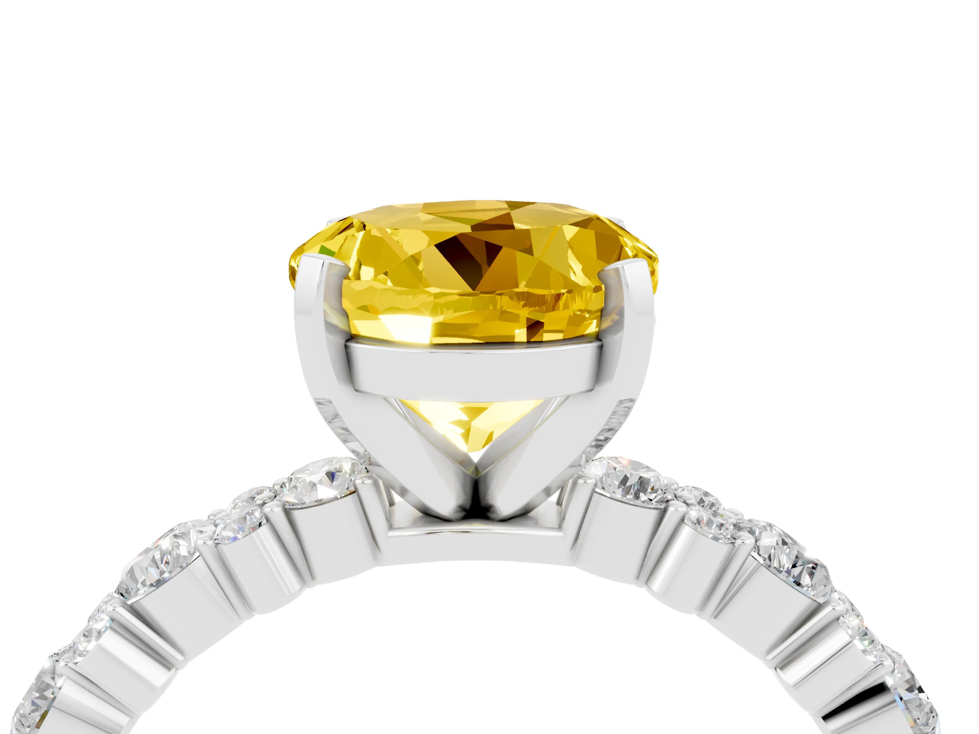 White gold Round Cut Yellow Sapphire Solitaire with Side Stones, Pave Band, Four-Prong Setting_28
