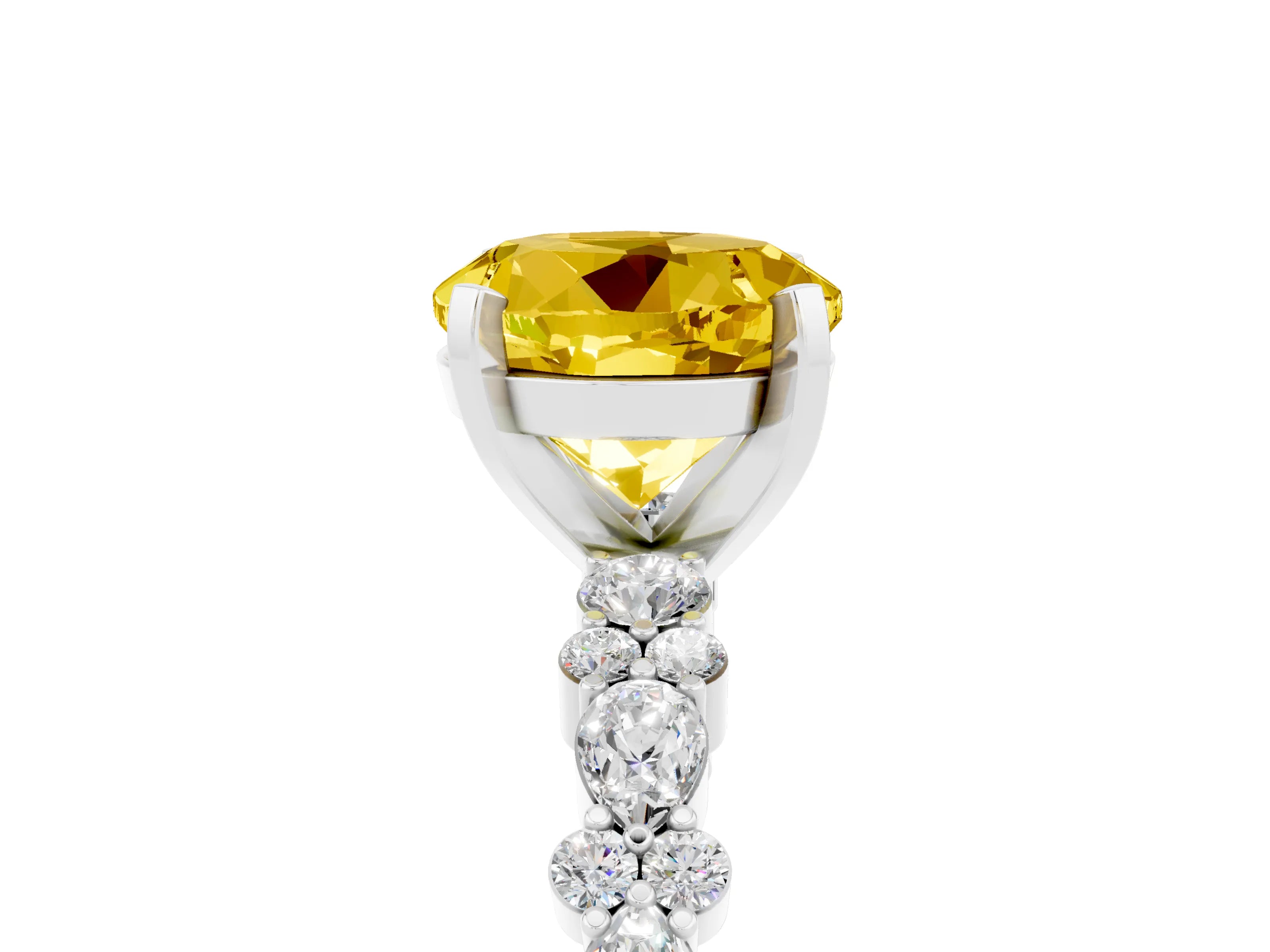 White gold Round Cut Yellow Sapphire Solitaire with Side Stones, Pave Band, Four-Prong Setting_29