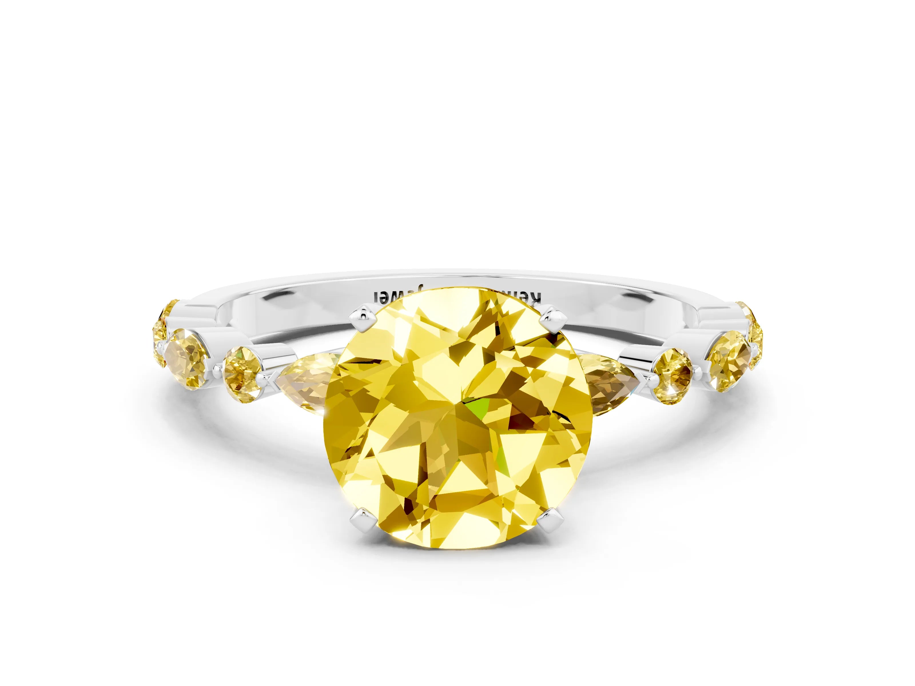 White gold Round Cut Yellow Sapphire Solitaire with Side Stones on a Pavé Band and Four-Prong Setting