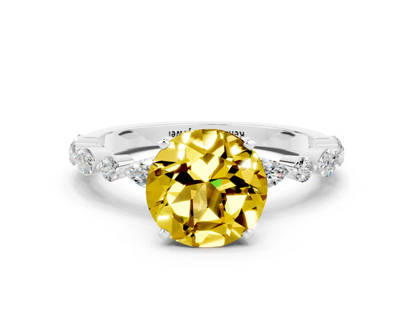 Silver Round Cut Yellow Sapphire Ring with Marquise and Round  Side Stones and Four-Prong Setting