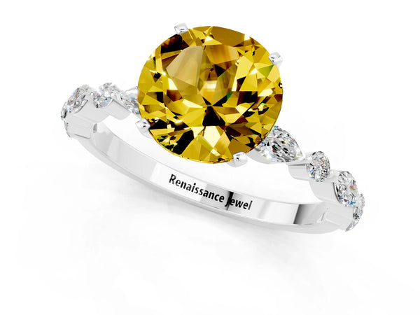 Silver Round Cut Yellow Sapphire Ring with Marquise and Round  Side Stones and Four-Prong Setting