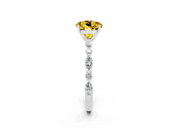 White gold Round Cut Yellow Sapphire Ring with Marquise and Round  Side Stones and Four-Prong Setting