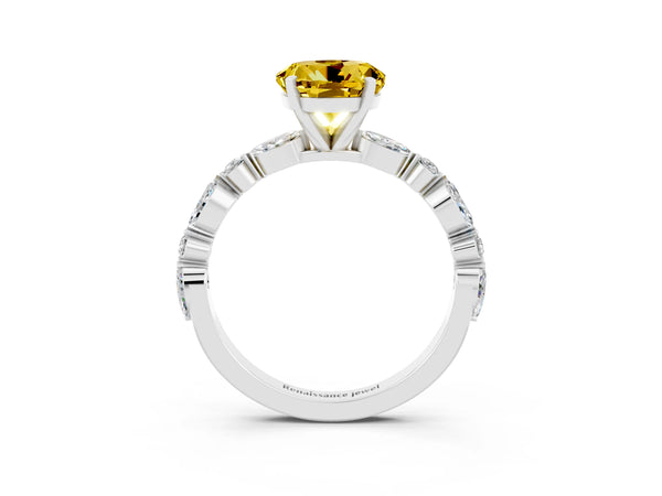 White gold Round Cut Yellow Sapphire Ring with Marquise and Round  Side Stones and Four-Prong Setting