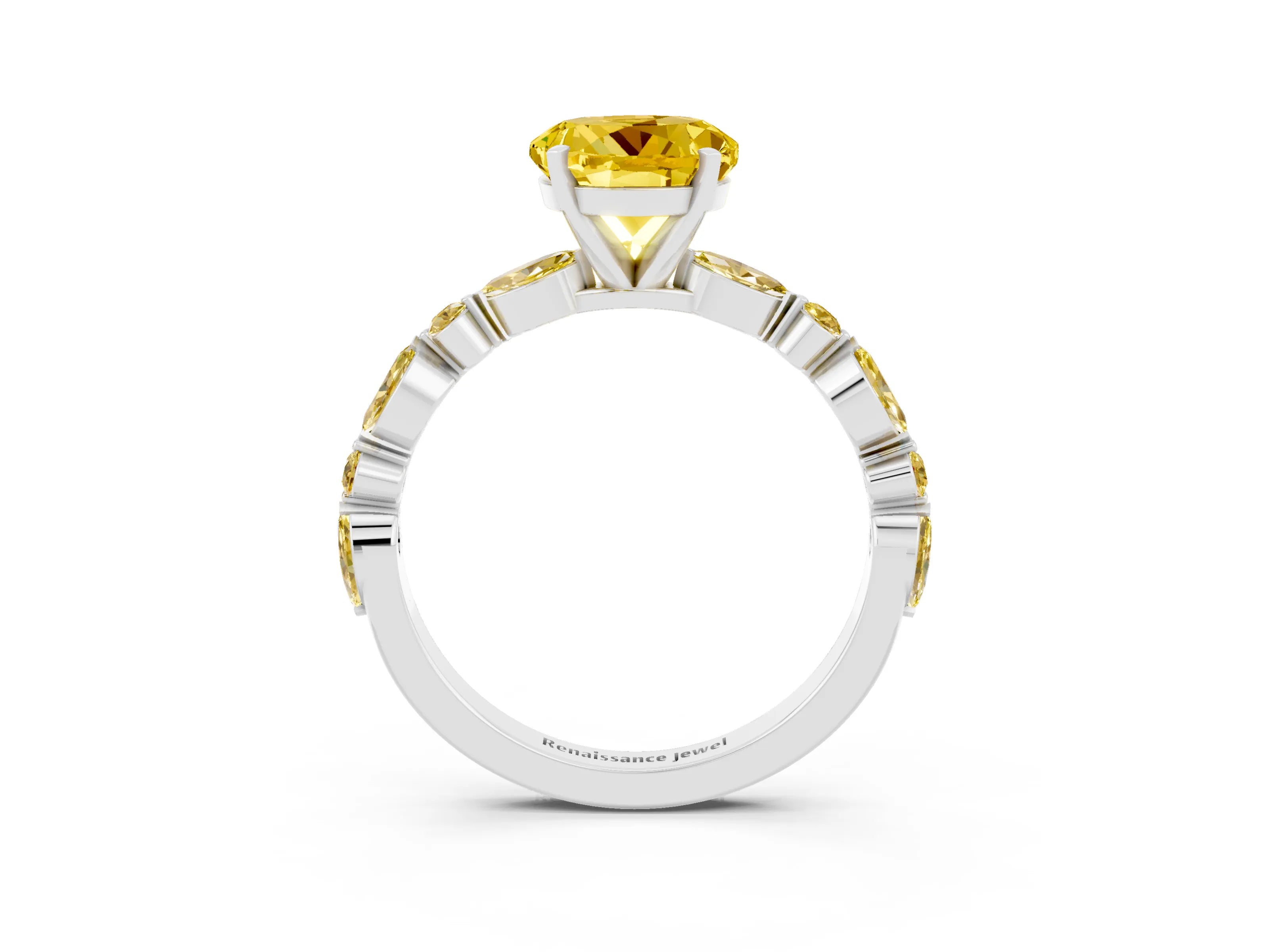White gold Round Cut Yellow Sapphire Solitaire with Side Stones on a Pavé Band and Four-Prong Setting_3