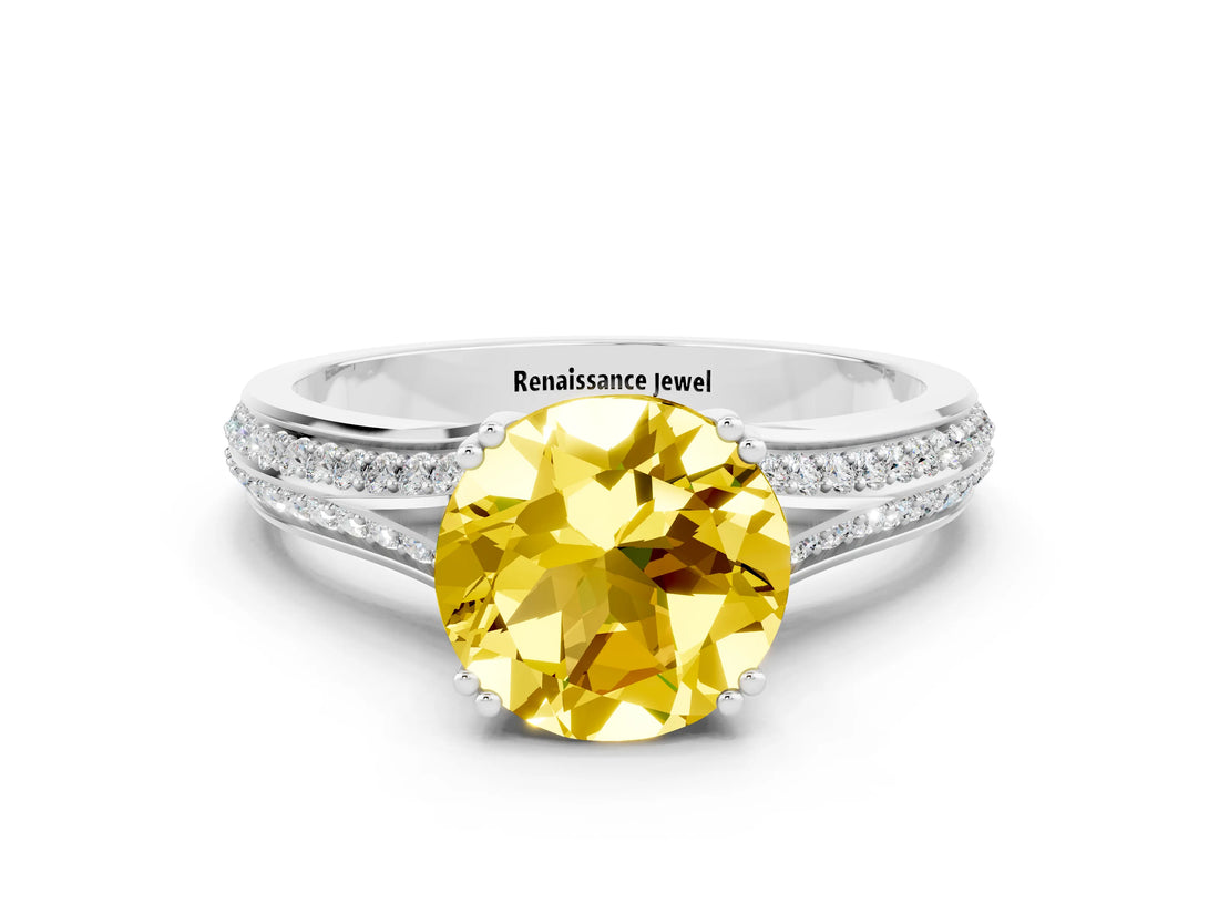 White gold Round Cut Yellow Sapphire Split Shank Engagement Ring with Pavé Band_24