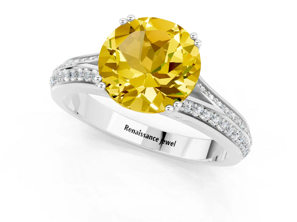 Platinum Round Cut Yellow Sapphire Split Shank Engagement Ring with Pavé Band