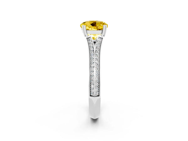 Silver Round Cut Yellow Sapphire Split Shank Engagement Ring with Pavé Band
