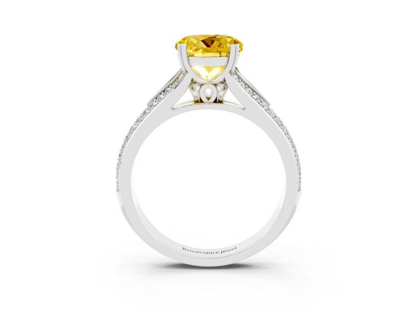 Silver Round Cut Yellow Sapphire Split Shank Engagement Ring with Pavé Band