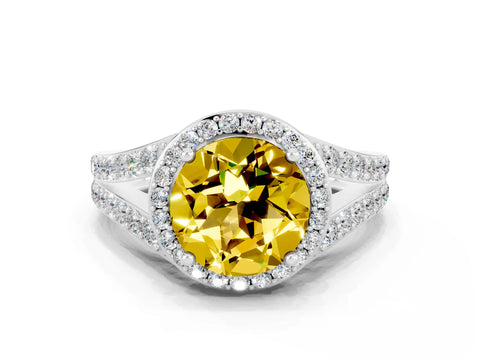 White gold Round Cut Yellow Sapphire Split Shank Halo Ring with Four-Prong Setting_12