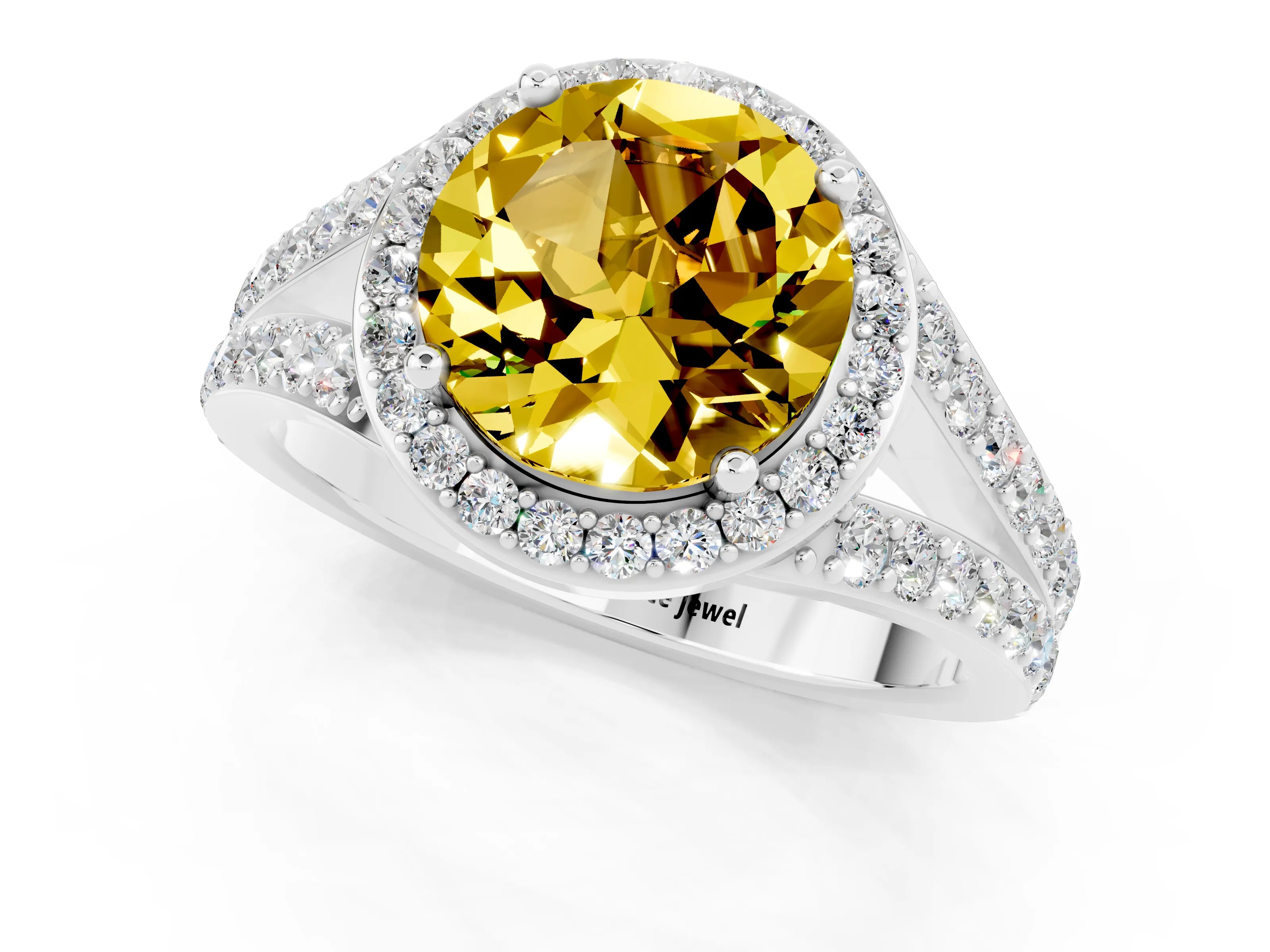 White gold Round Cut Yellow Sapphire Split Shank Halo Ring with Four-Prong Setting_13