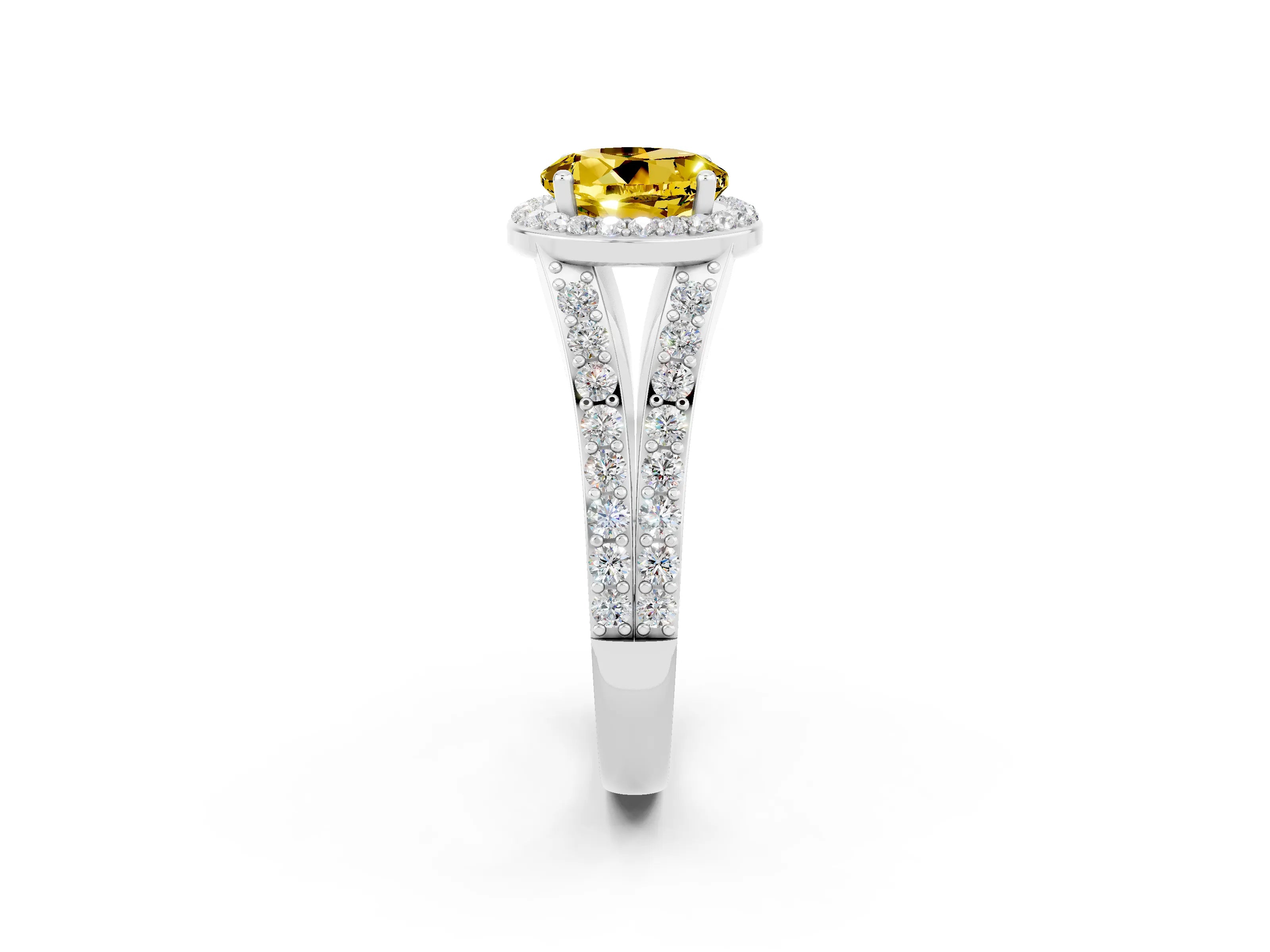 White gold Round Cut Yellow Sapphire Split Shank Halo Ring with Four-Prong Setting_14