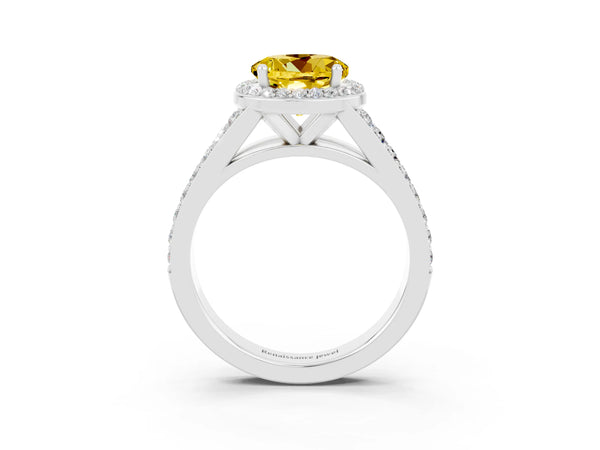 Platinum Round Cut Yellow Sapphire Split Shank Halo Ring with Four-Prong Setting