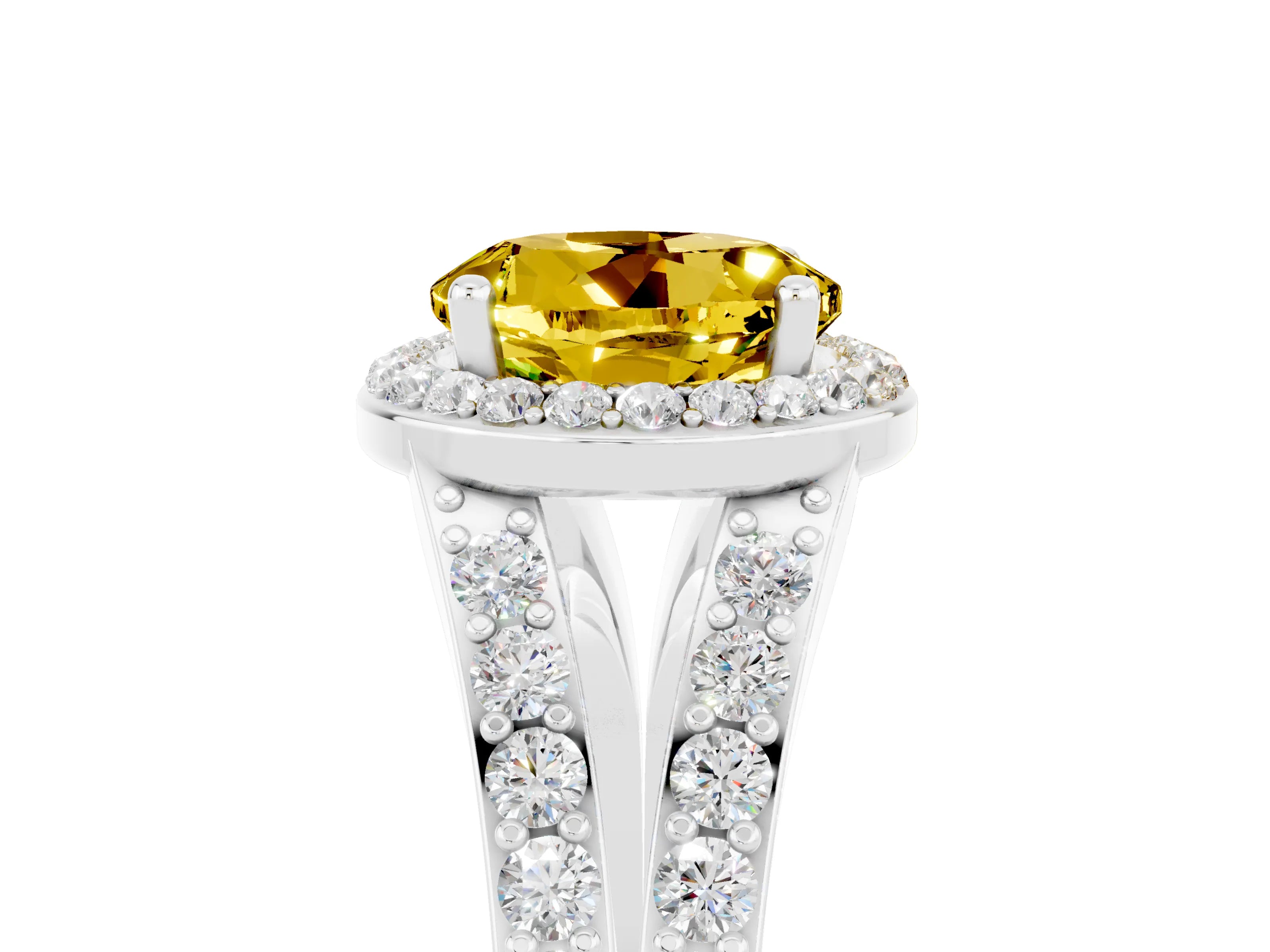 White gold Round Cut Yellow Sapphire Split Shank Halo Ring with Four-Prong Setting_17