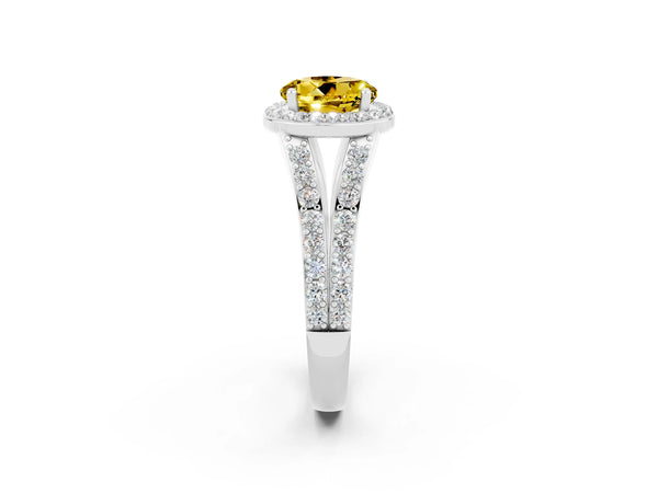 White gold Round Cut Yellow Sapphire Split Shank Halo Ring with Four-Prong Setting
