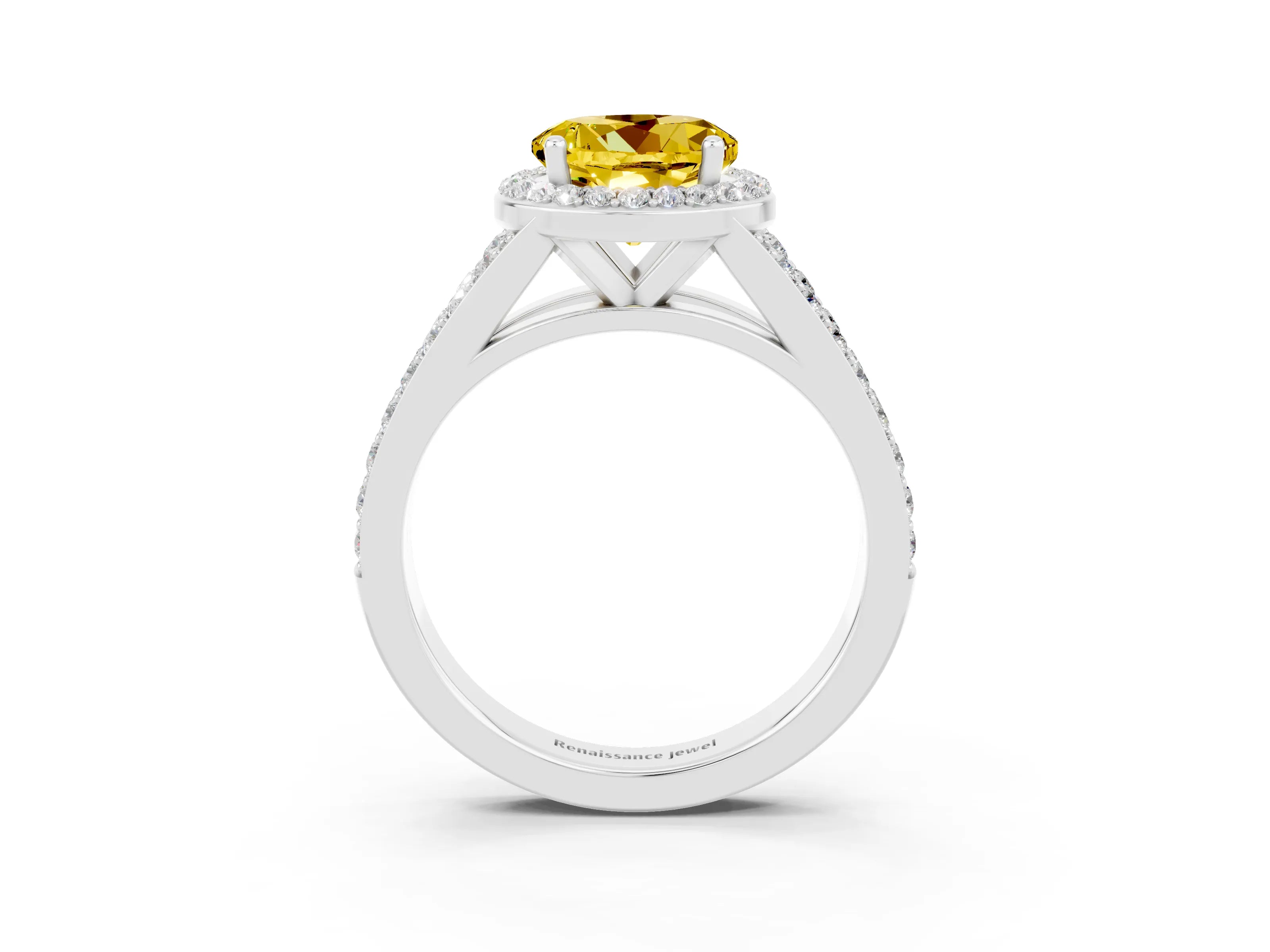 White gold Round Cut Yellow Sapphire Split Shank Halo Ring with Four-Prong Setting_27