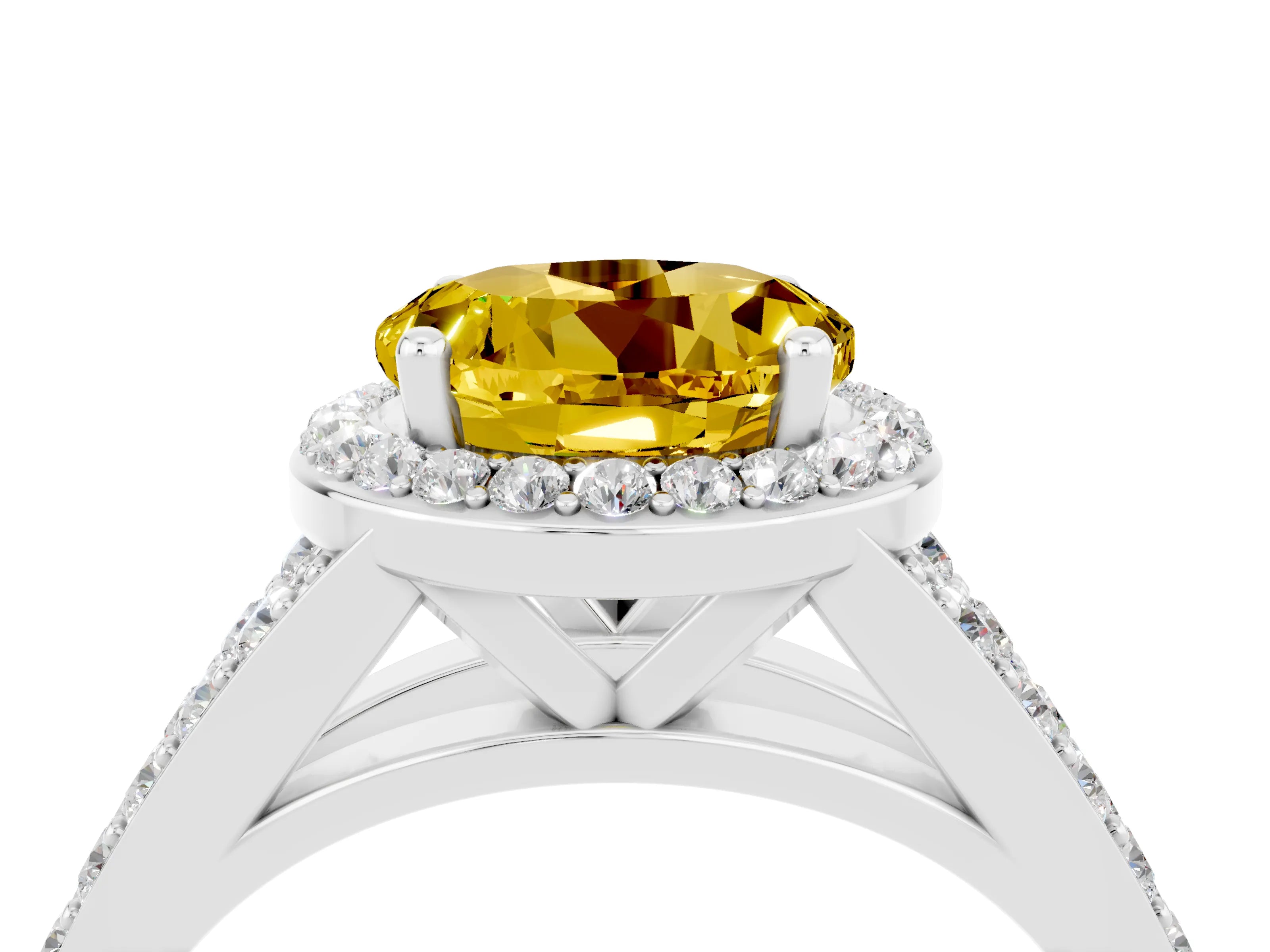White gold Round Cut Yellow Sapphire Split Shank Halo Ring with Four-Prong Setting_28
